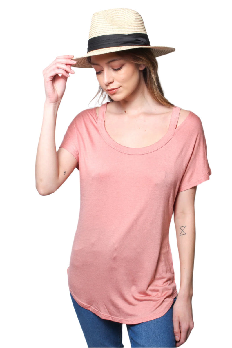 Women's Short Sleeves Cut Out Shoulder Round Neck Top