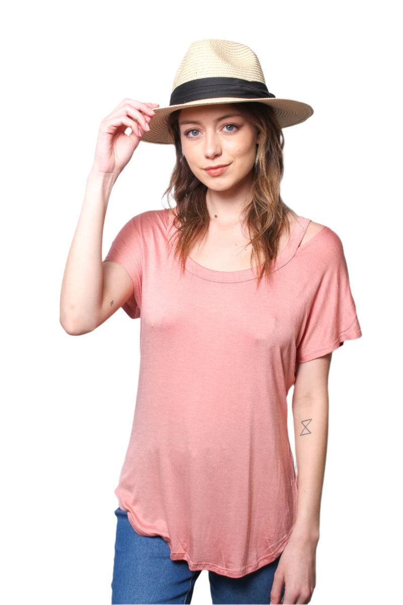 Women's Short Sleeves Cut Out Shoulder Round Neck Top