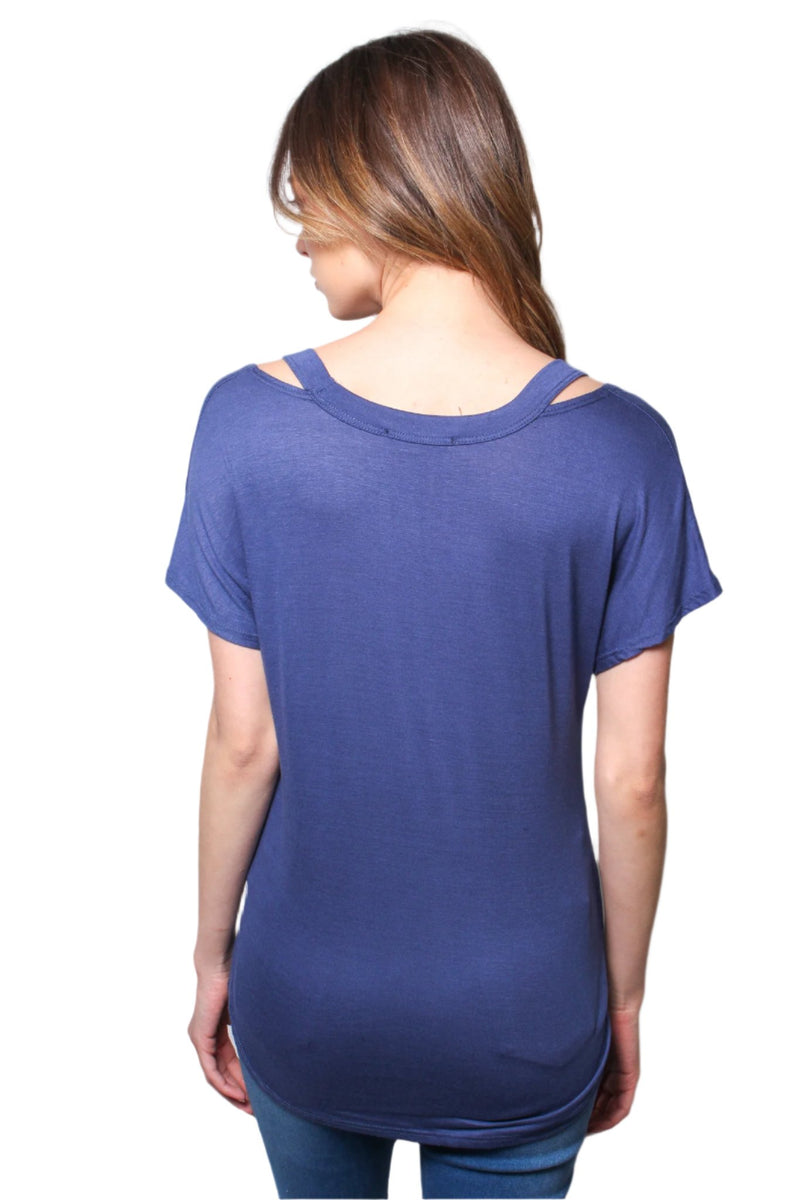 Women's Short Sleeves Cut Out Shoulder Round Neck Top