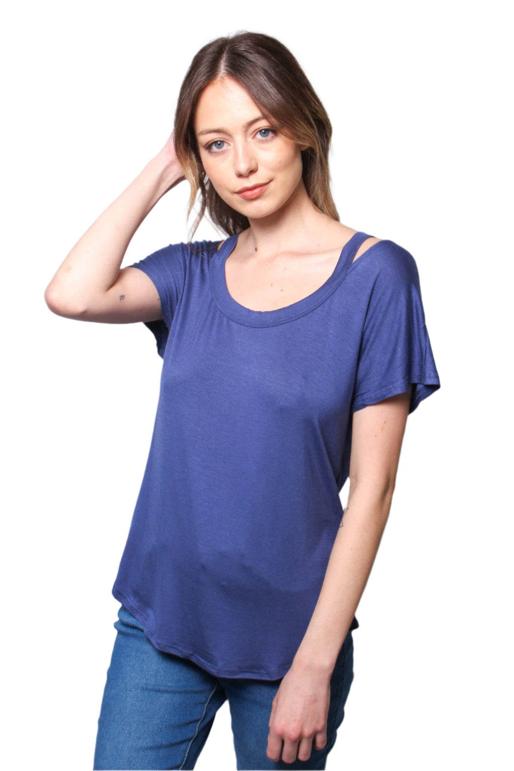 Women's Short Sleeves Cut Out Shoulder Round Neck Top