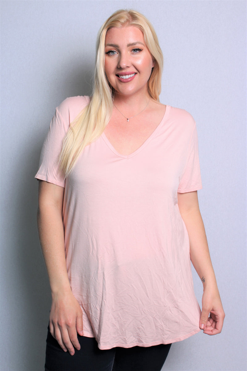 Women's Plus Size Short Sleeve V Neck Solid Top