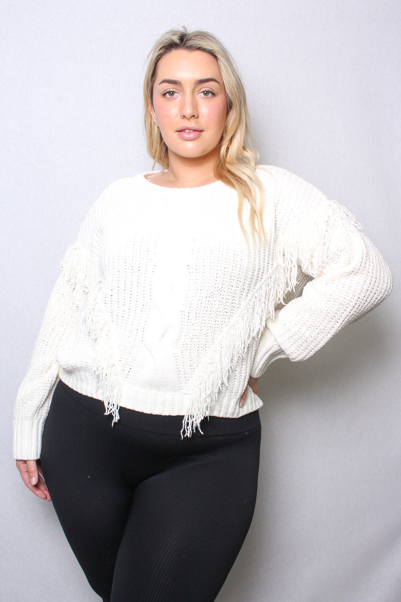 Women's Plus Long Sleeves Round Neck Fringe Knit Sweater Top