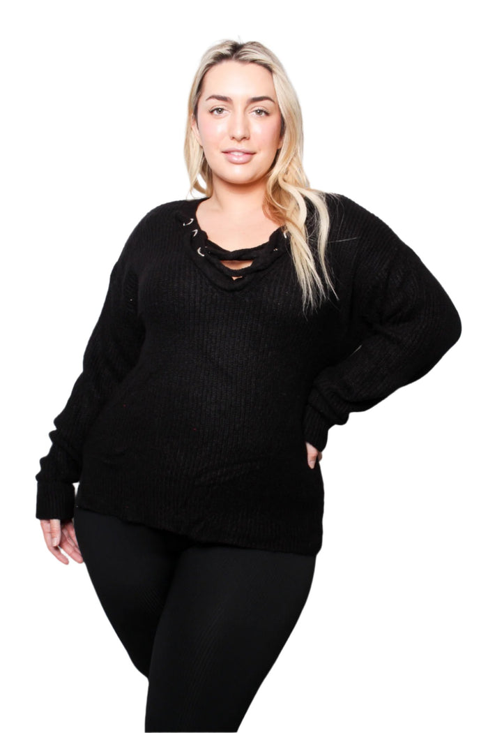 Women's Plus Long Sleeves V Neck Lace Up Knit Sweater Top