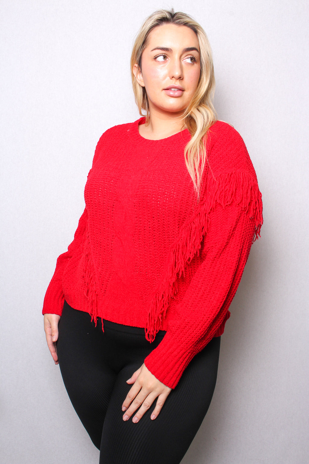 Women's Plus Long Sleeves Round Neck Fringe Knit Sweater Top