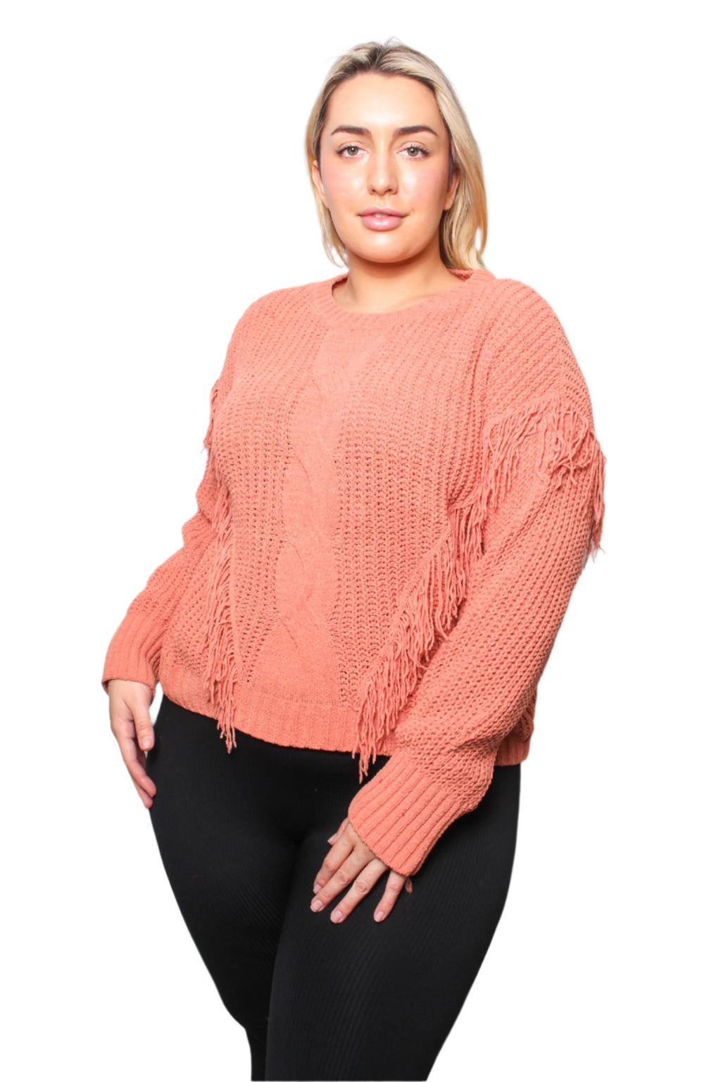 Women's Plus Long Sleeves Round Neck Fringe Knit Sweater Top