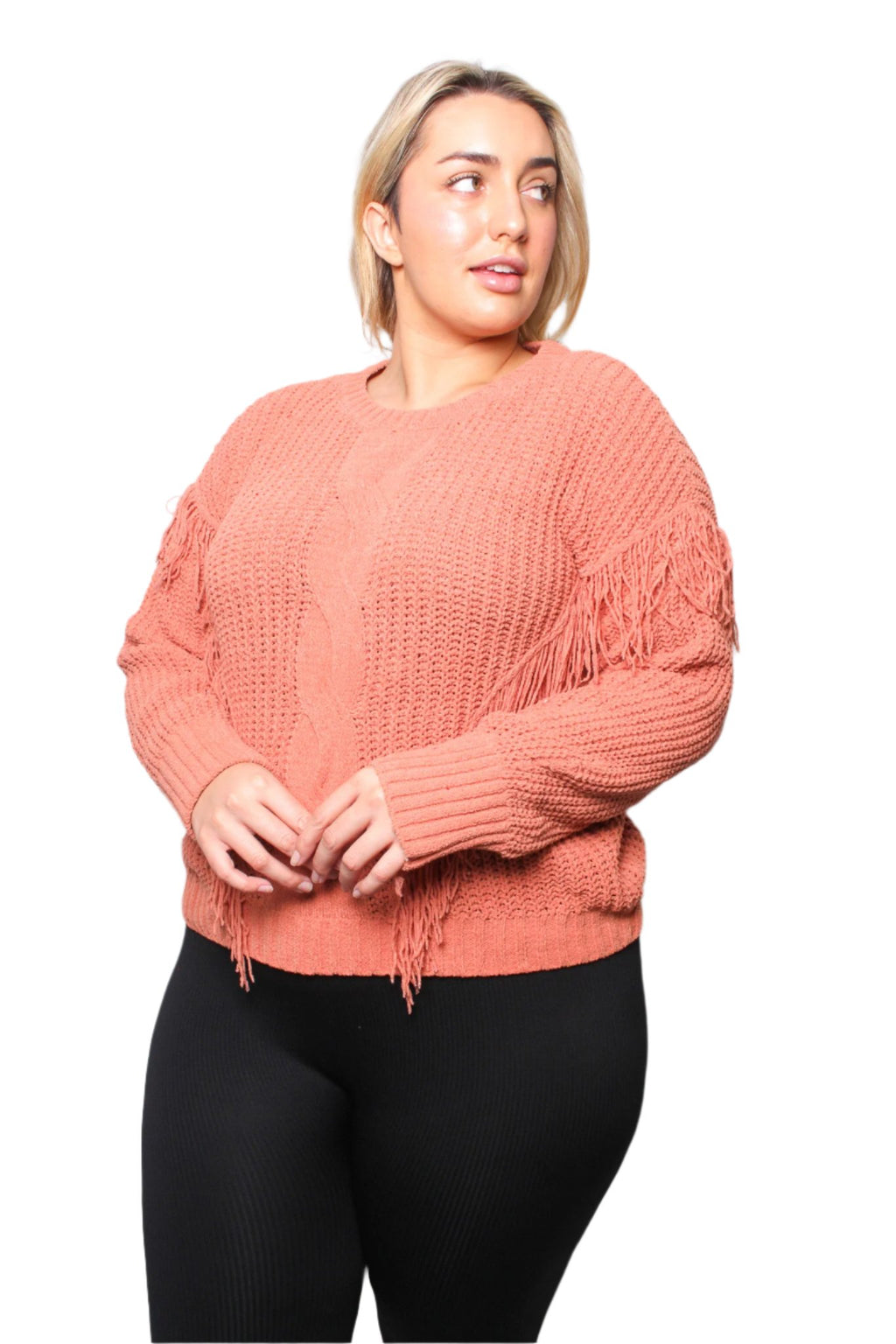 Women's Plus Long Sleeves Round Neck Fringe Knit Sweater Top