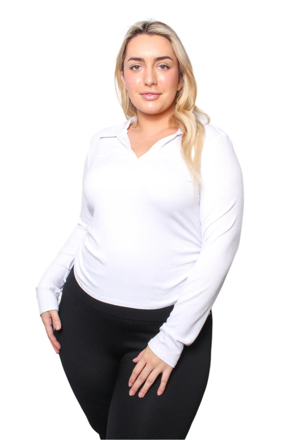 Women's Plus Long Sleeves Collar V Neck Ruched Side Ribbed Top