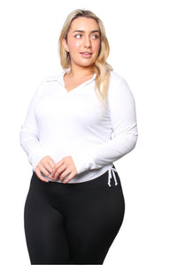 Women's Plus Long Sleeves Collar V Neck Ruched Side Ribbed Top