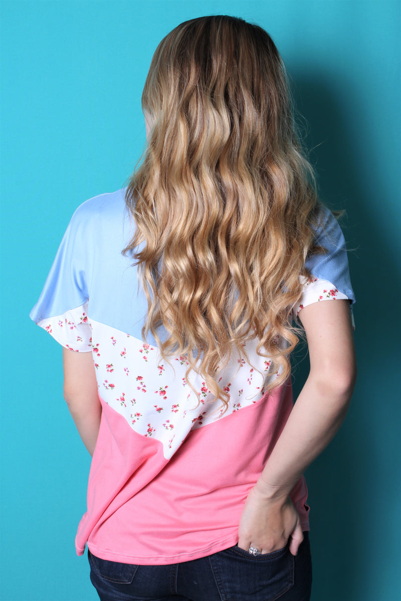 Women's Short Sleeve Color Block Top w/ Floral Detail