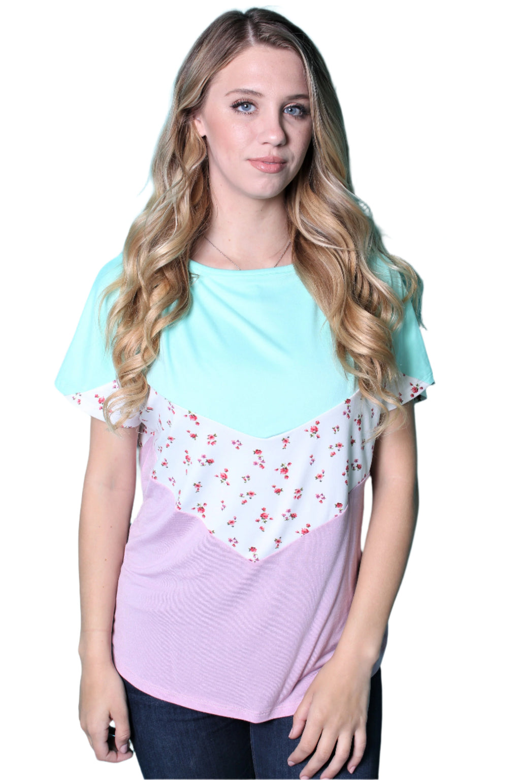 Women's Short Sleeve Color Block Top w/ Floral Detail