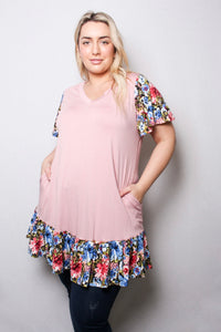 Women's Plus V Neck Floral Sleeves Ruffle Hem Pocket Tunic Top