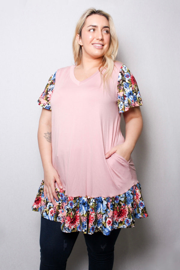 Women's Plus V Neck Floral Sleeves Ruffle Hem Pocket Tunic Top