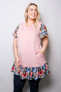 Women's Plus V Neck Floral Sleeves Ruffle Hem Pocket Tunic Top