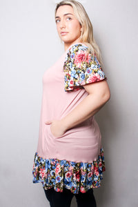 Women's Plus V Neck Floral Sleeves Ruffle Hem Pocket Tunic Top
