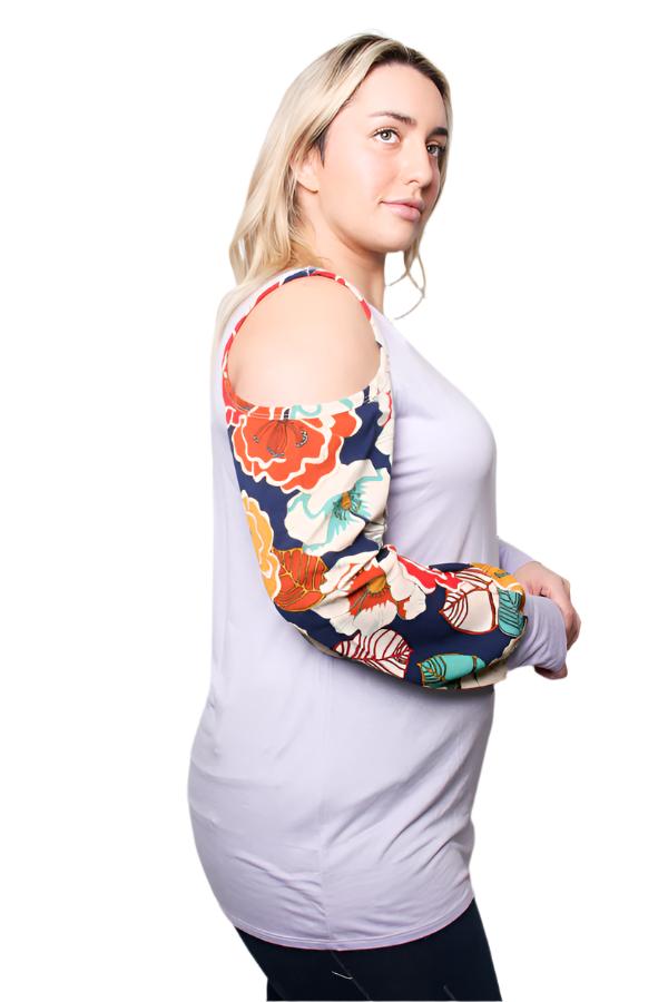 Women's Plus Floral Long Sleeves One Side Cold Shoulder Top