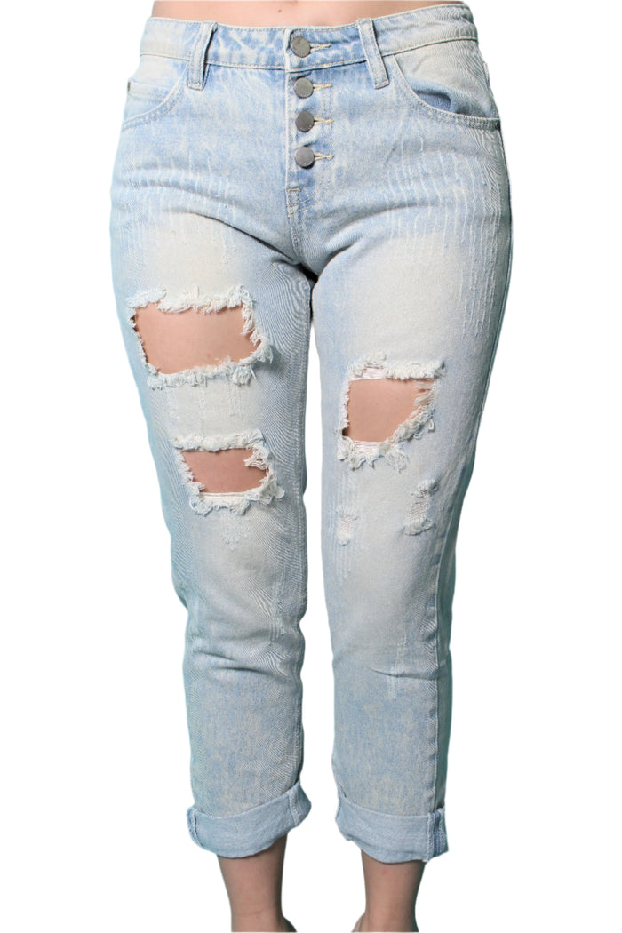 Women's Washed Skinny Ripped Jeans with Buttons