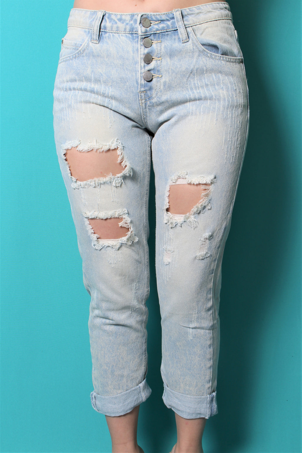 Women's Washed Skinny Ripped Jeans with Buttons