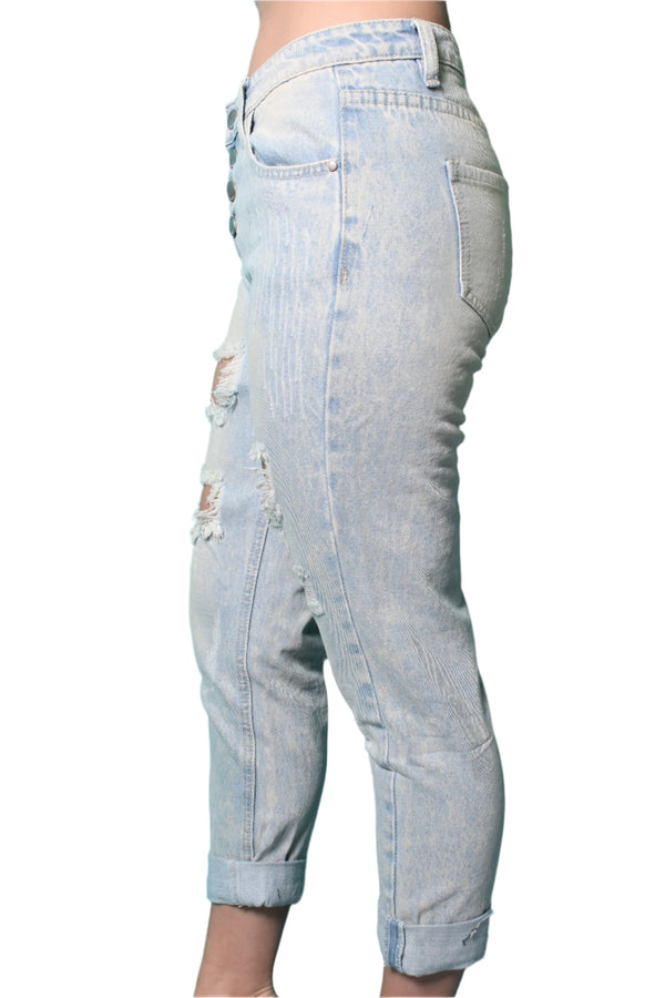 Women's Washed Skinny Ripped Jeans with Buttons