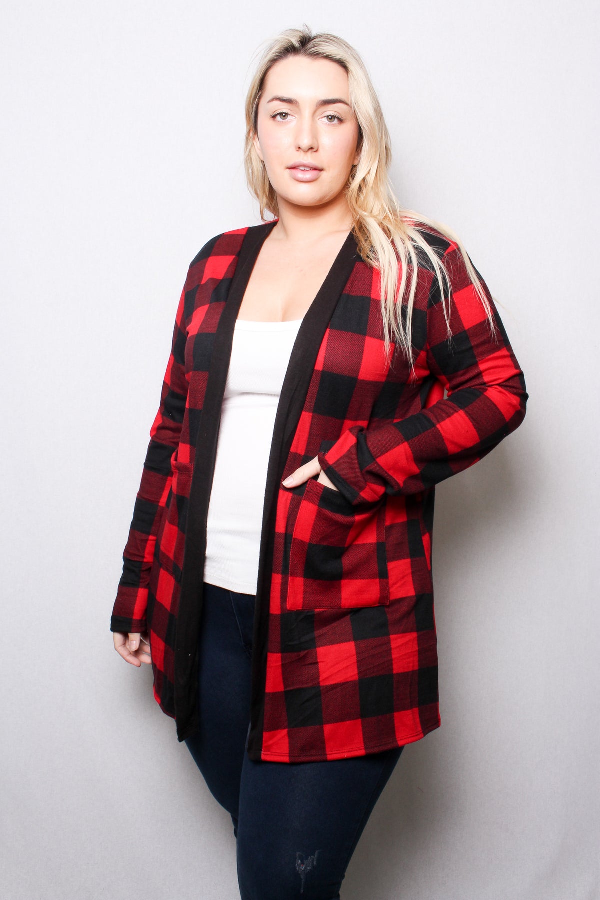 Women's Plus Long Sleeves Checkered Open Front Pocket Cardigan