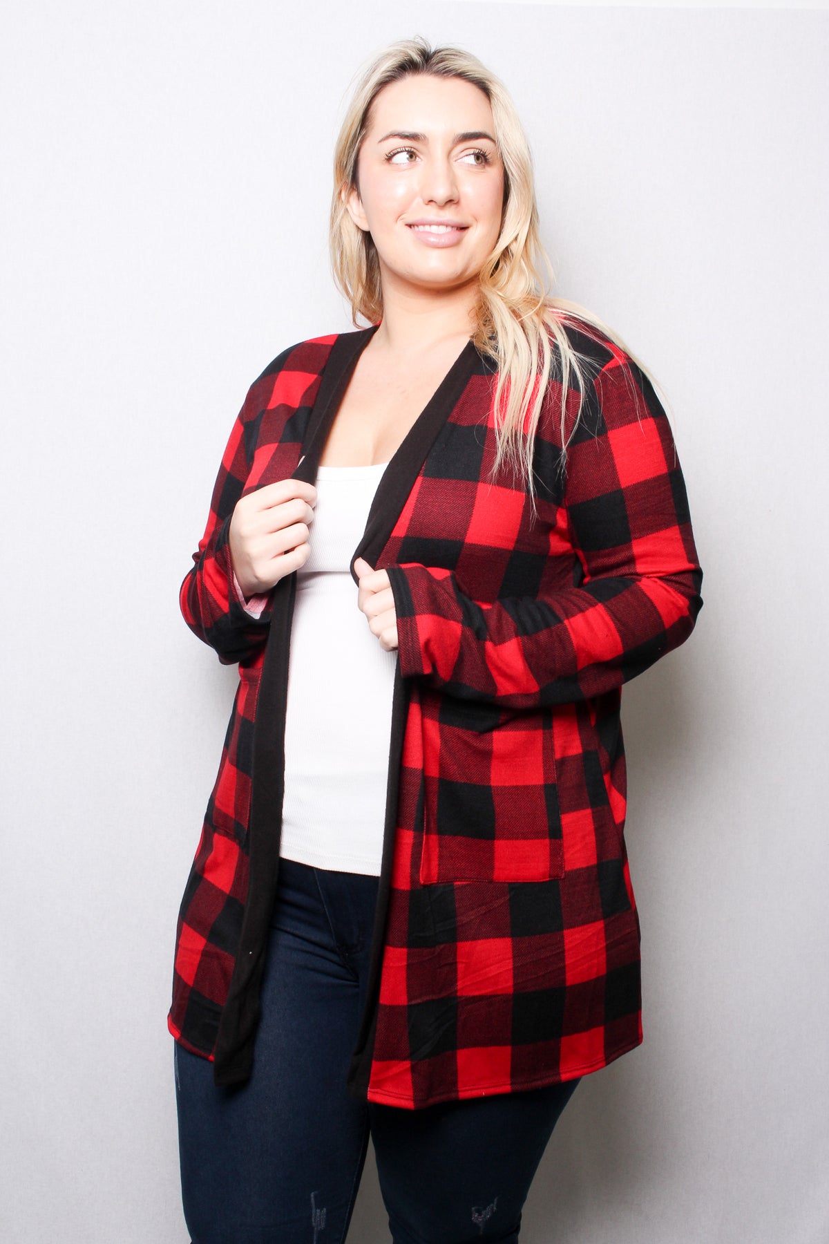Women's Plus Long Sleeves Checkered Open Front Pocket Cardigan