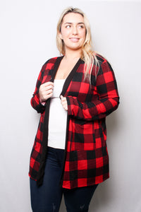 Women's Plus Long Sleeves Checkered Open Front Pocket Cardigan