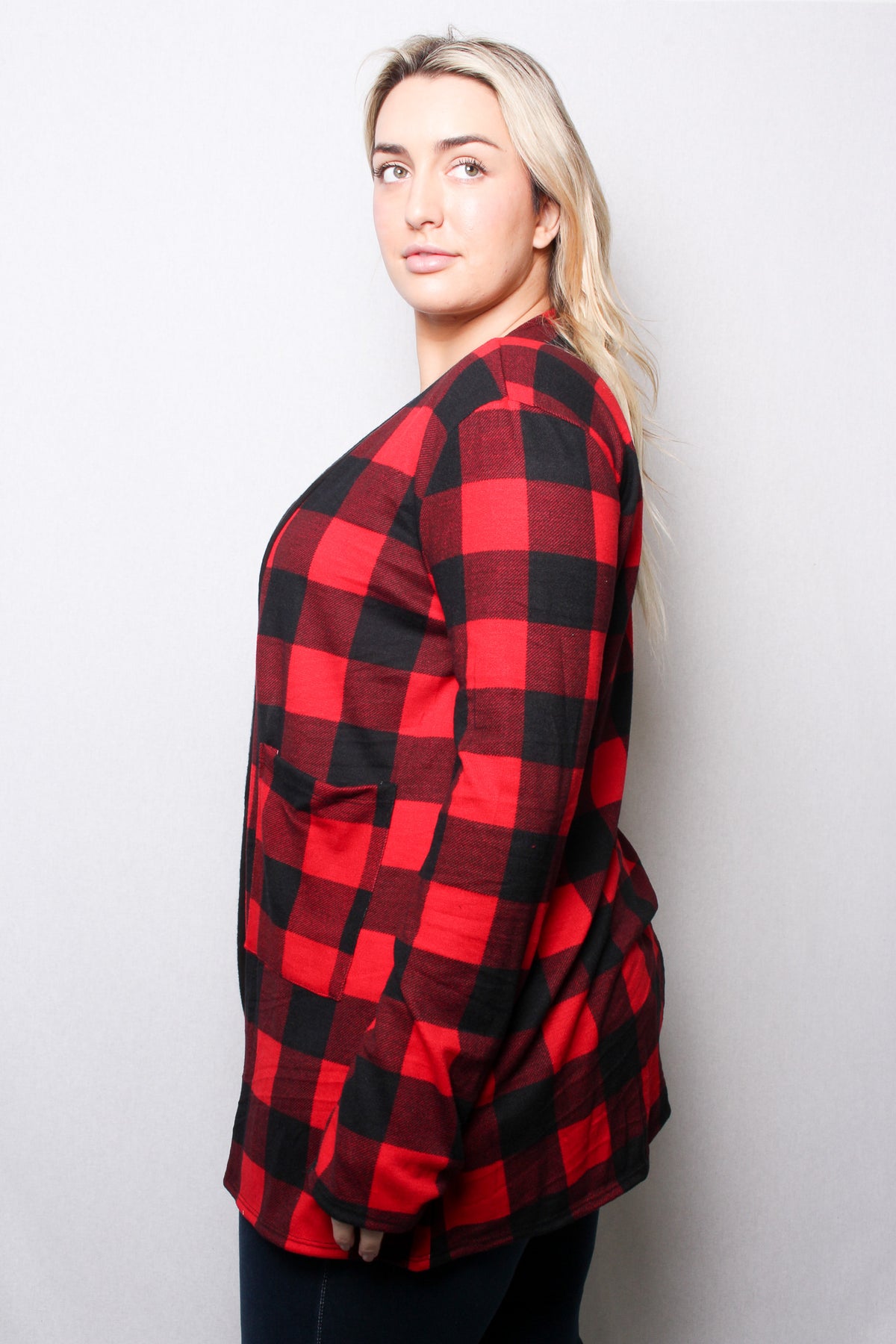 Women's Plus Long Sleeves Checkered Open Front Pocket Cardigan