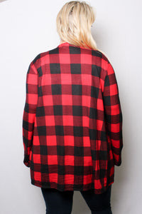Women's Plus Long Sleeves Checkered Open Front Pocket Cardigan