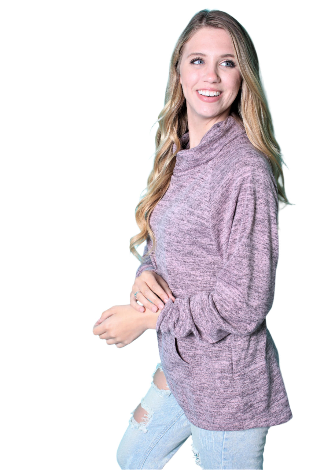 Women's Long Sleeve Cowl Neck Top w/ Pockets