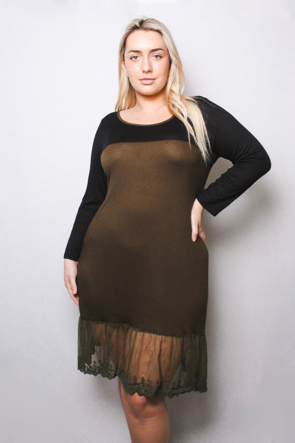 Women's Plus Long Sleeve Dress with Lace Bottom Hem