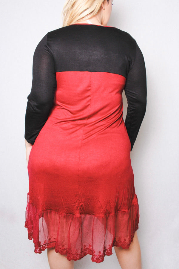 Women's Plus Long Sleeve Dress with Lace Bottom Hem