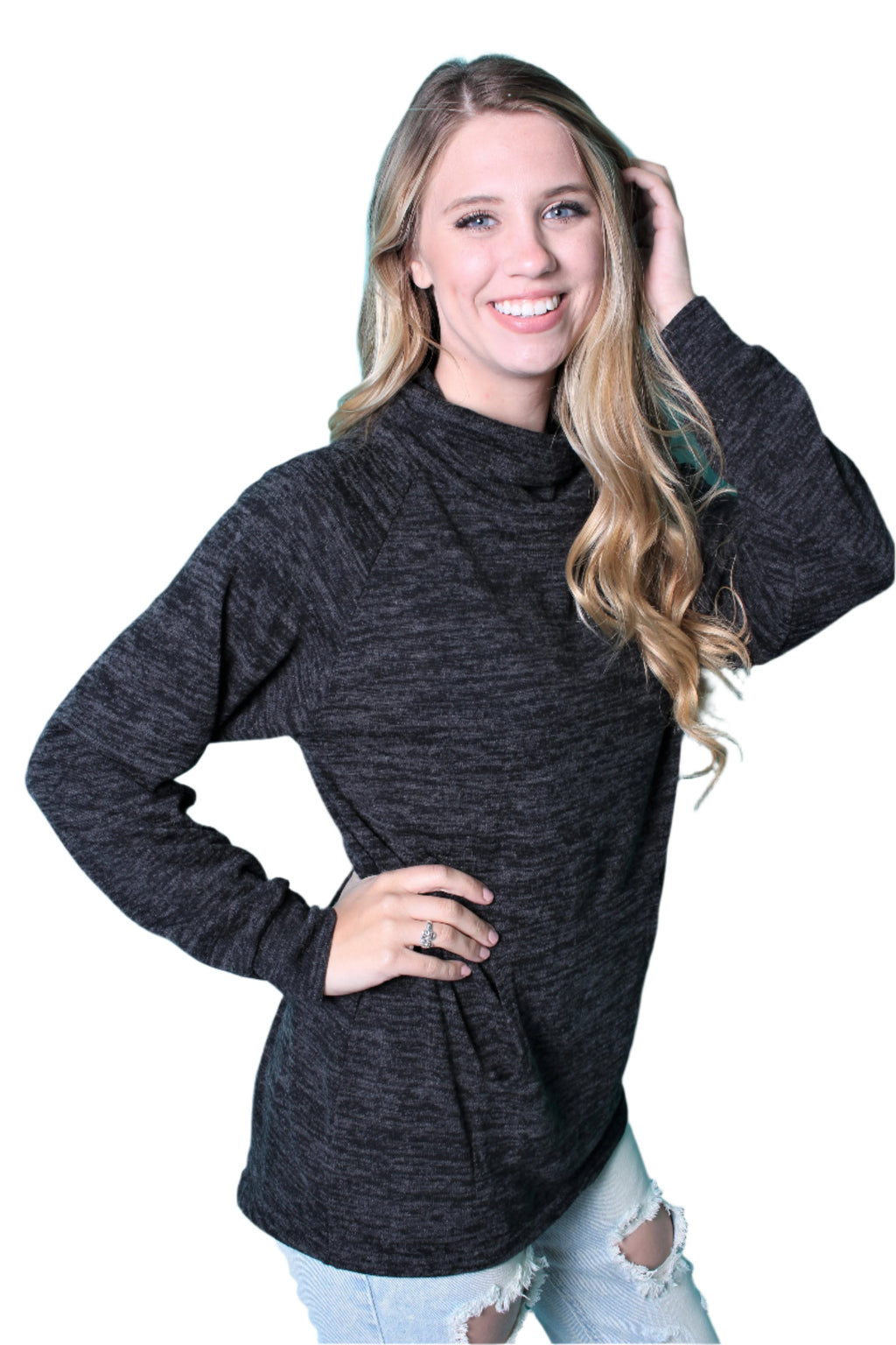 Women's Long Sleeve Cowl Neck Top w/ Pockets