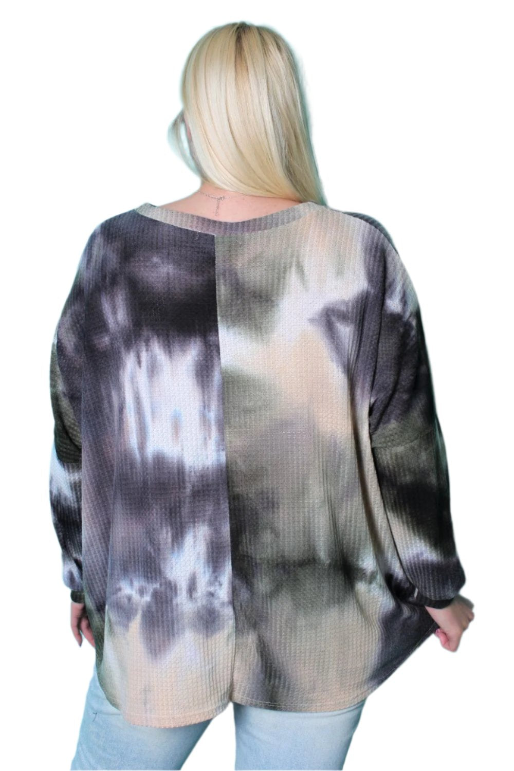 Women's Plus Size Long Sleeve Tie Dye Waffle Knit Top With Button Detail