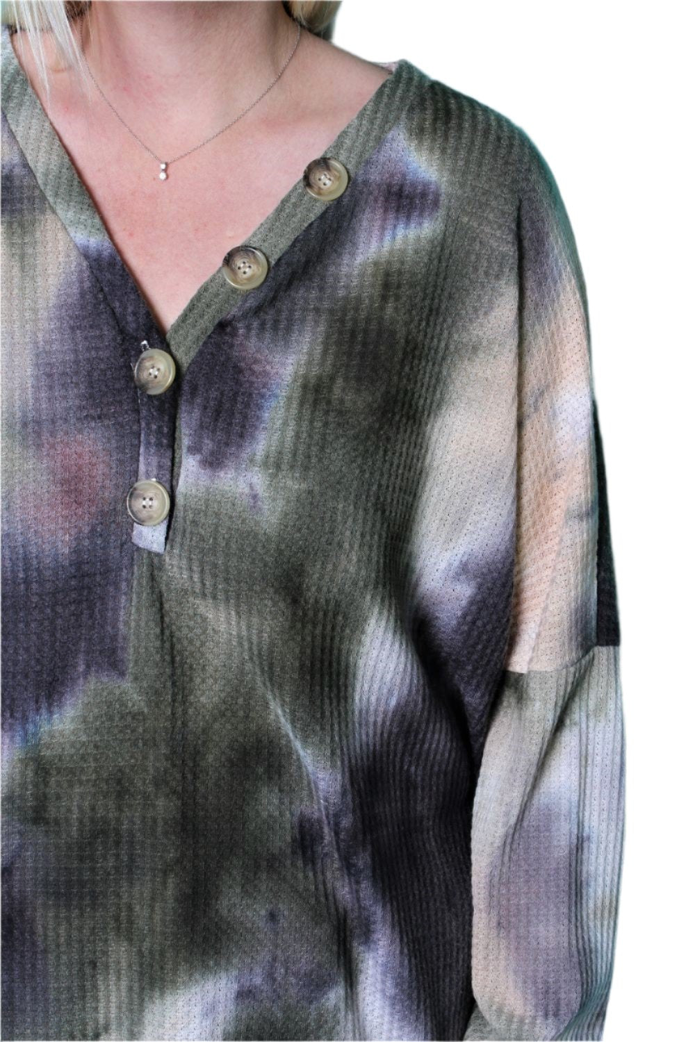 Women's Plus Size Long Sleeve Tie Dye Waffle Knit Top With Button Detail
