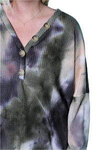 Women's Plus Size Long Sleeve Tie Dye Waffle Knit Top With Button Detail