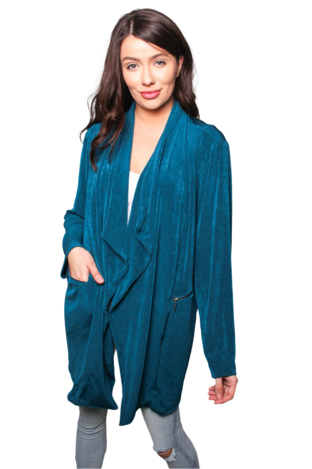 Women's Long Sleeves Waterfall Zip Pocket Open Front Cardigan