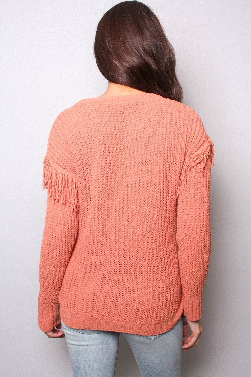 Women's Long Sleeves Round Neck Fringe Knit Sweater Top