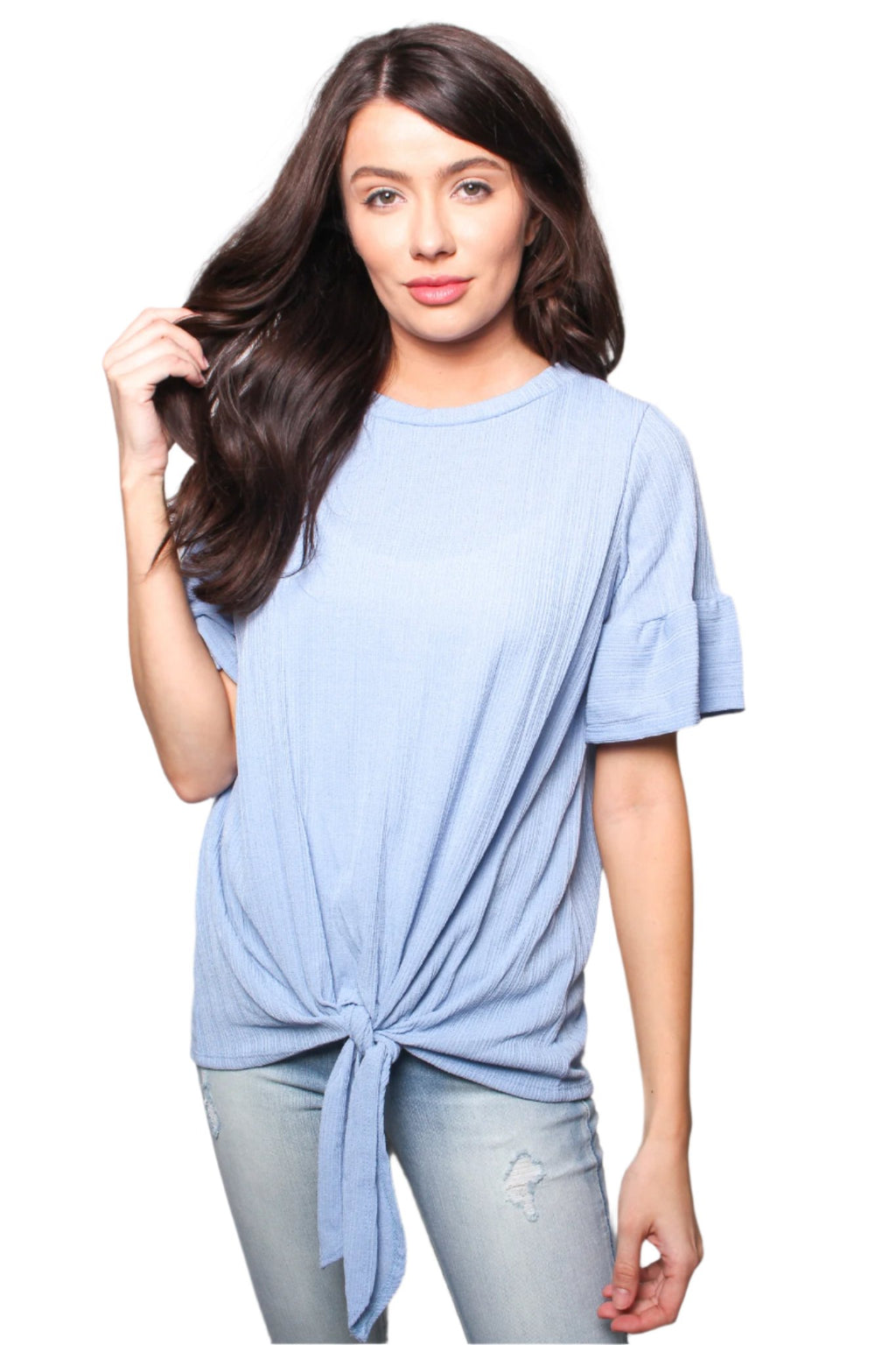 Women's Round Neck Ruffle Short Sleeves Tie Front Blouse