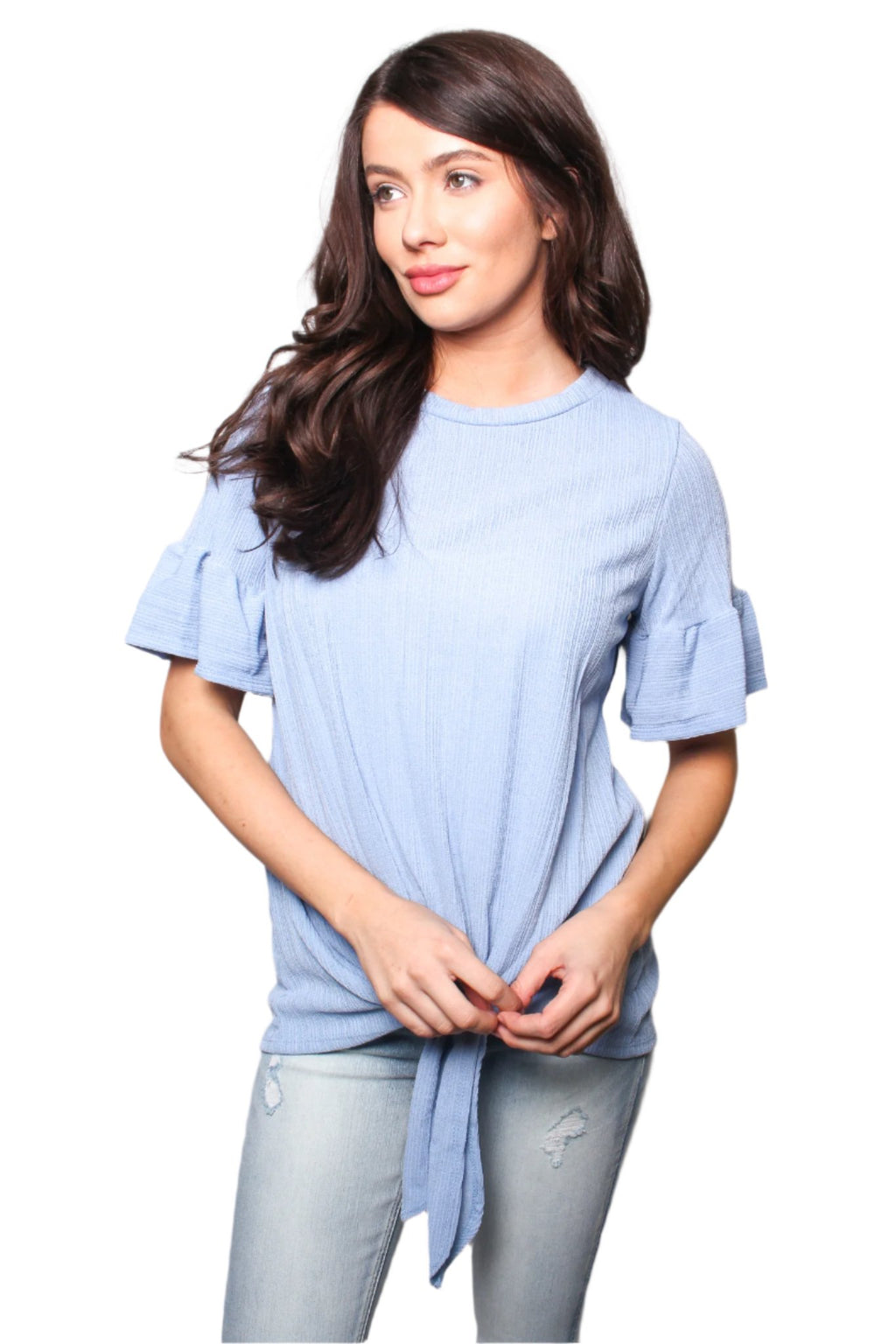 Women's Round Neck Ruffle Short Sleeves Tie Front Blouse