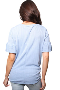 Women's Round Neck Ruffle Short Sleeves Tie Front Blouse