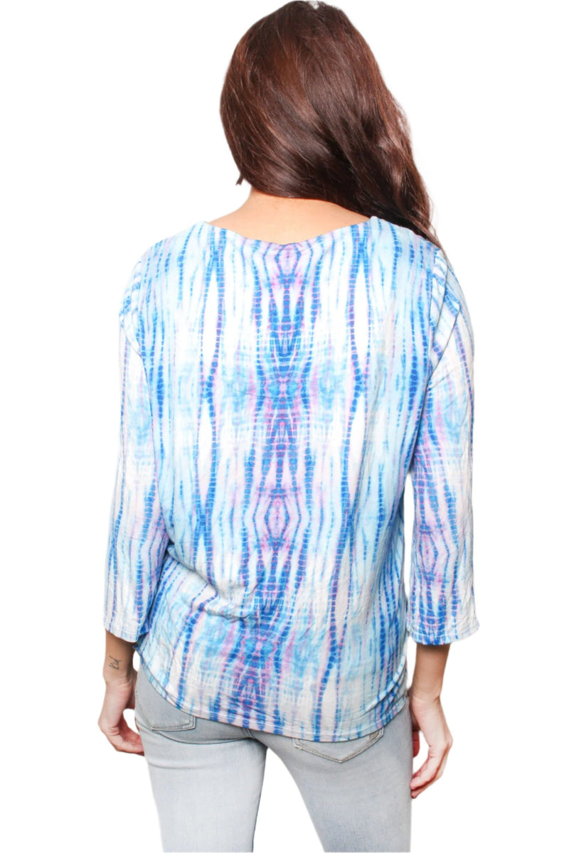 Women's Tie Dye V Neck 3/4 Sleeves Tie Front Top