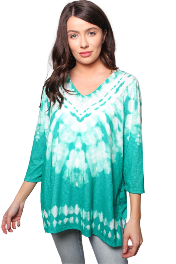 Women's V Neck 3/4 Sleeves Tie Dye Top