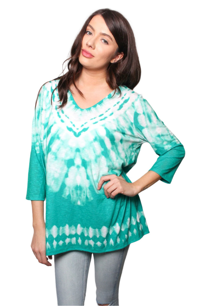 Women's V Neck 3/4 Sleeves Tie Dye Top