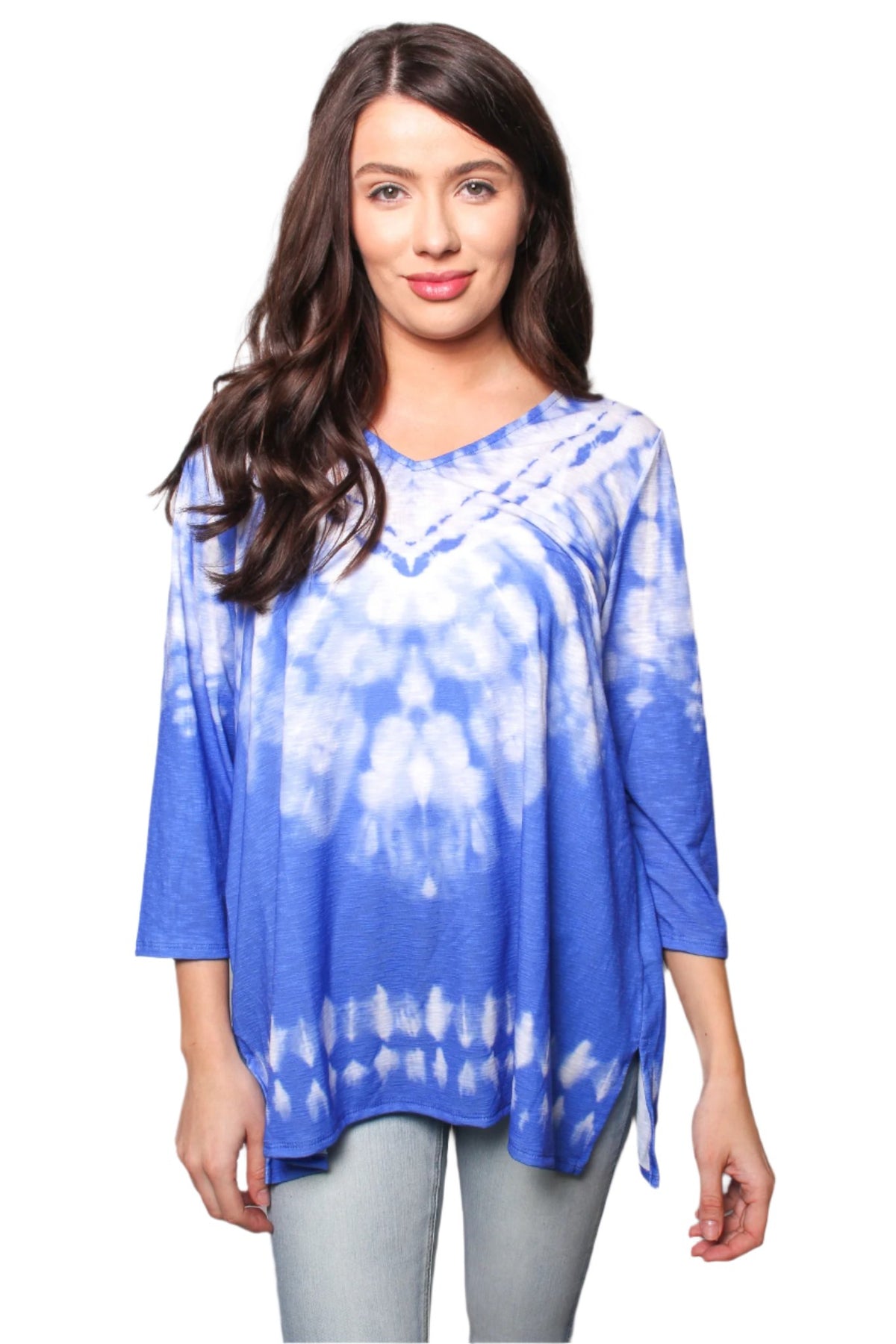 Women's V Neck 3/4 Sleeves Tie Dye Top