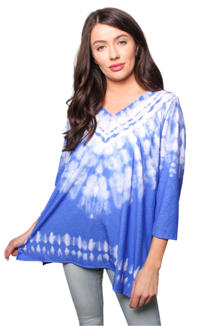Women's V Neck 3/4 Sleeves Tie Dye Top