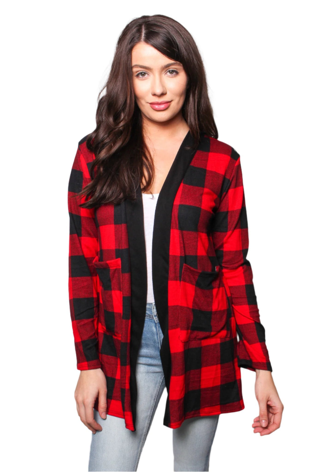 Women's Long Sleeves Checkered Open Front Pocket Cardigan