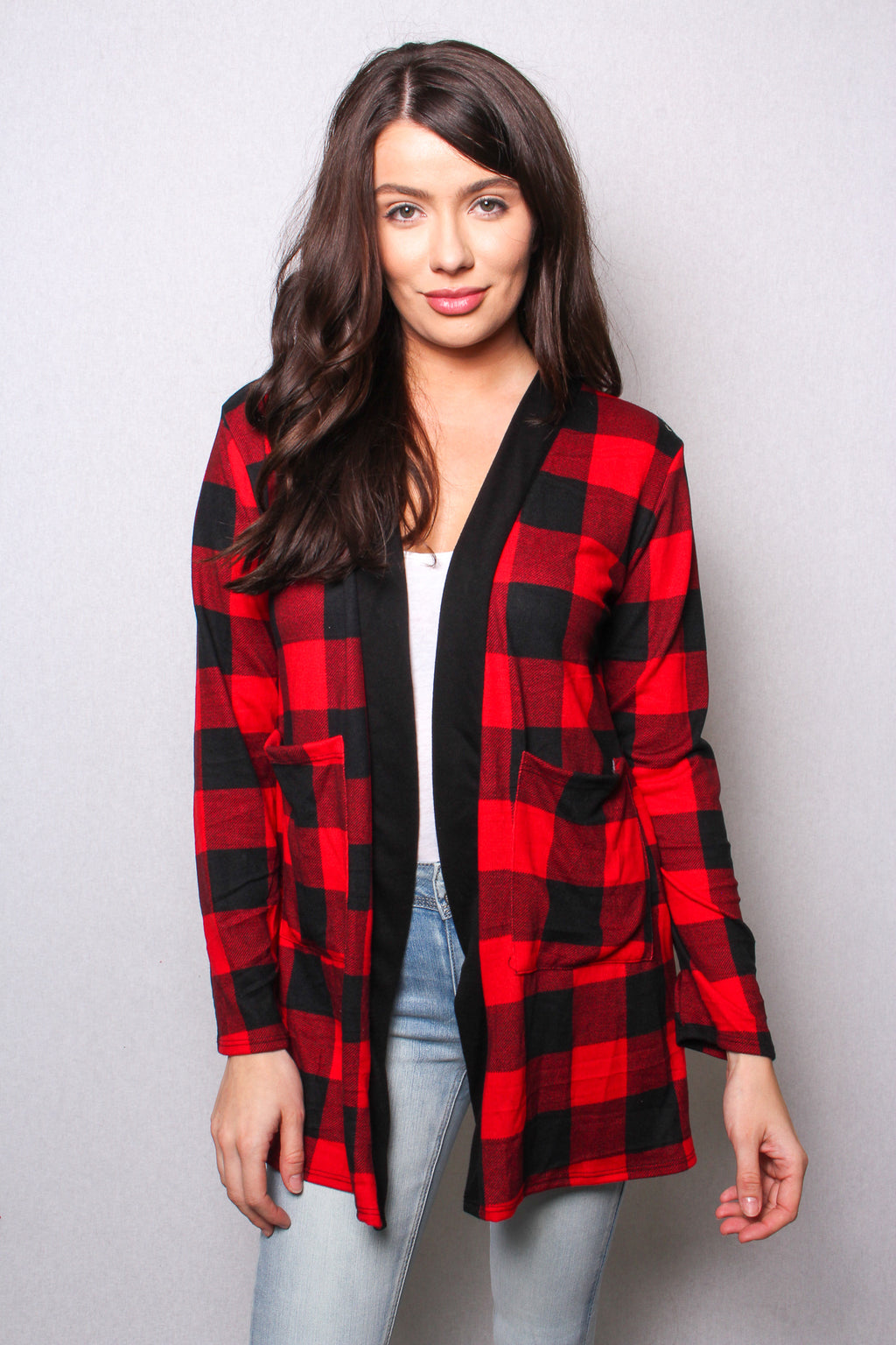 Women's Long Sleeves Checkered Open Front Pocket Cardigan