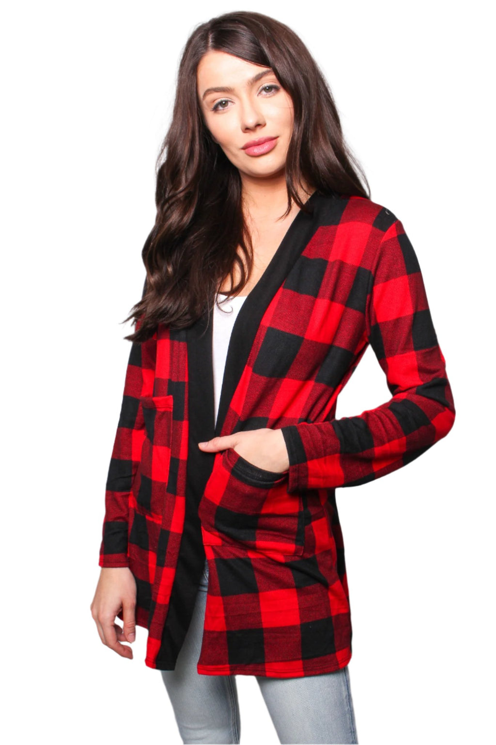 Women's Long Sleeves Checkered Open Front Pocket Cardigan