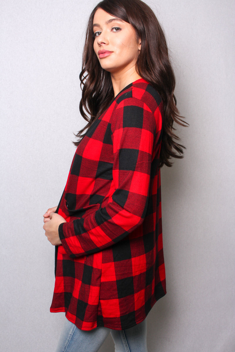Women's Long Sleeves Checkered Open Front Pocket Cardigan