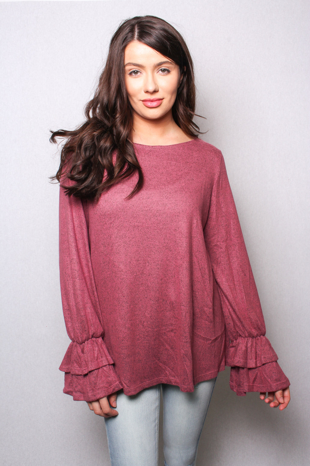 Women's Round Neck Ruffle Long Sleeves Knit Heather Top