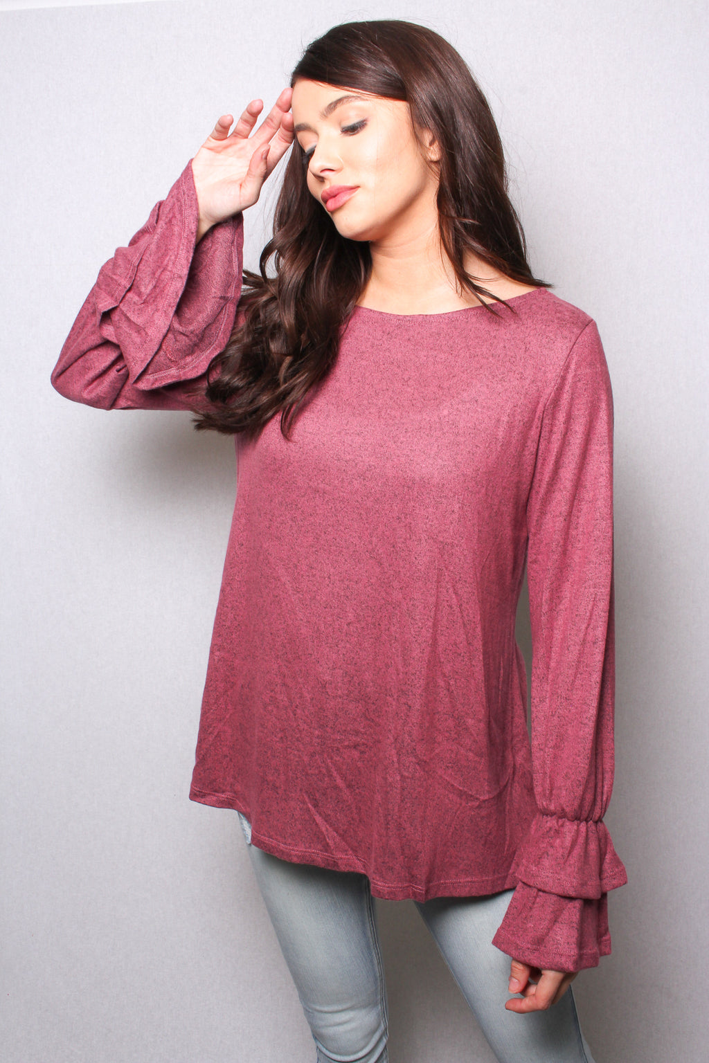 Women's Round Neck Ruffle Long Sleeves Knit Heather Top